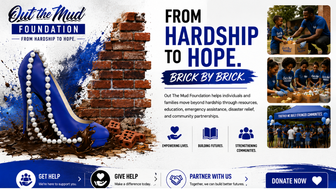 The foundation’s signature artwork: a royal-blue heel and pearls rising out of mud beside a brick wall.